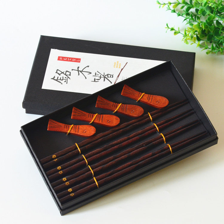 Set de Baguettes Japonaises en Bois – Coffret Cadeau Traditionnel (4 Paires + Repose-Baguettes)