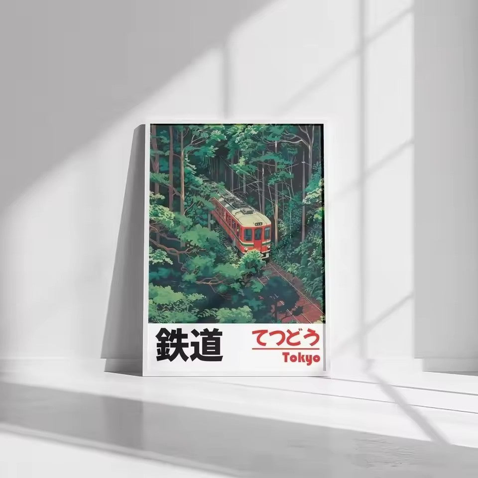 Affiche Japonaise – Train de Tokyo à travers la Forêt (Style Vintage)