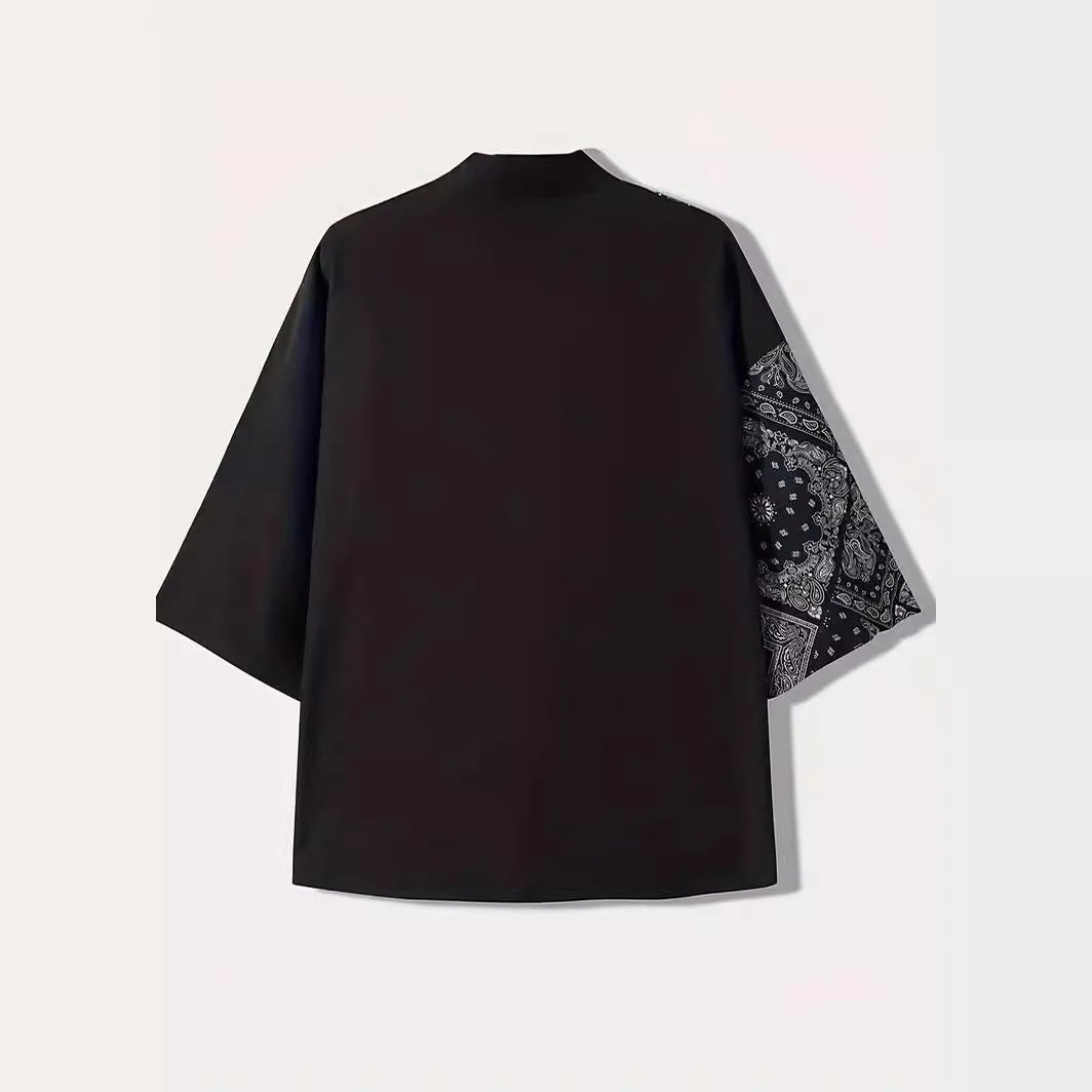 Kimono japonais « Bandana Street » – Style Harajuku noir à motifs traditionnels