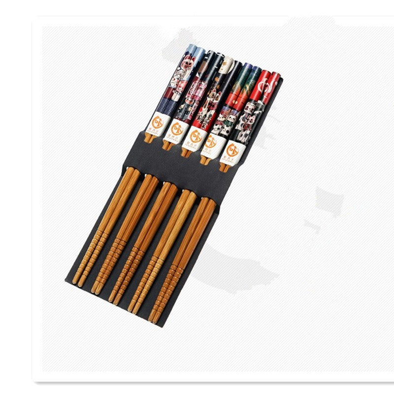 Set de Baguettes Japonaises en Bambou – Coffret de 5 Paires avec Motifs Traditionnels et Personnages Japonais