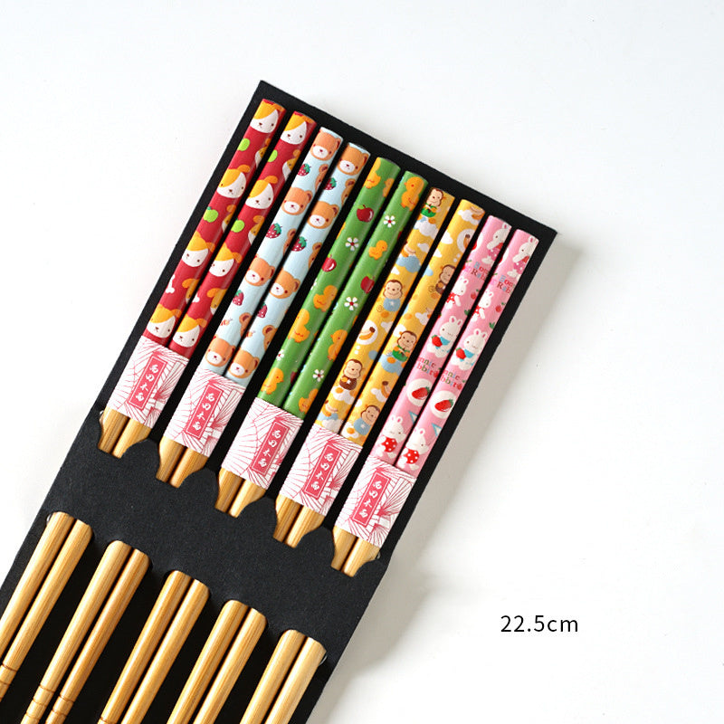 Set de Baguettes Japonaises en Bambou – Coffret de 5 Paires avec Motifs Traditionnels et Personnages Japonais