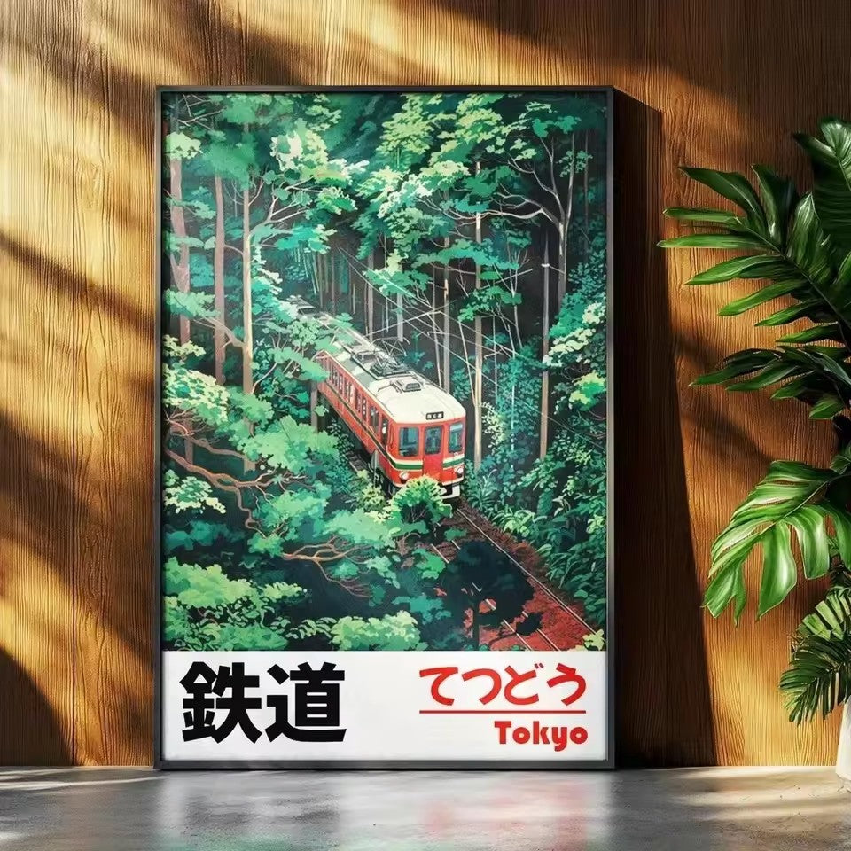 Affiche Japonaise – Train de Tokyo à travers la Forêt (Style Vintage)