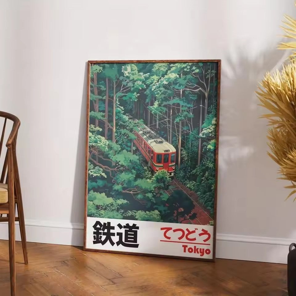 Affiche Japonaise – Train de Tokyo à travers la Forêt (Style Vintage)