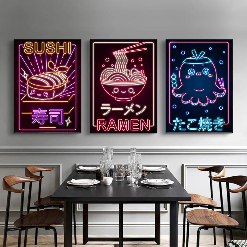 Affiche Japonaise Néon Kawaii - Ramen & Sushi