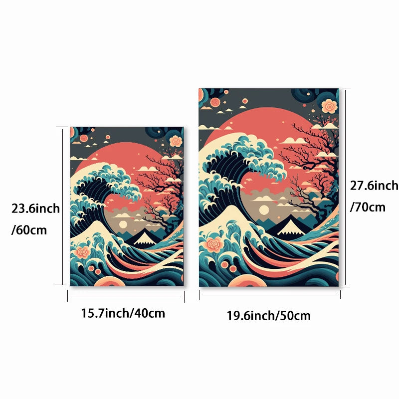 Triptyque Japonais – Ensemble de 3 Toiles Sans Cadre | Mont Fuji, Vague & Soleil Couchant