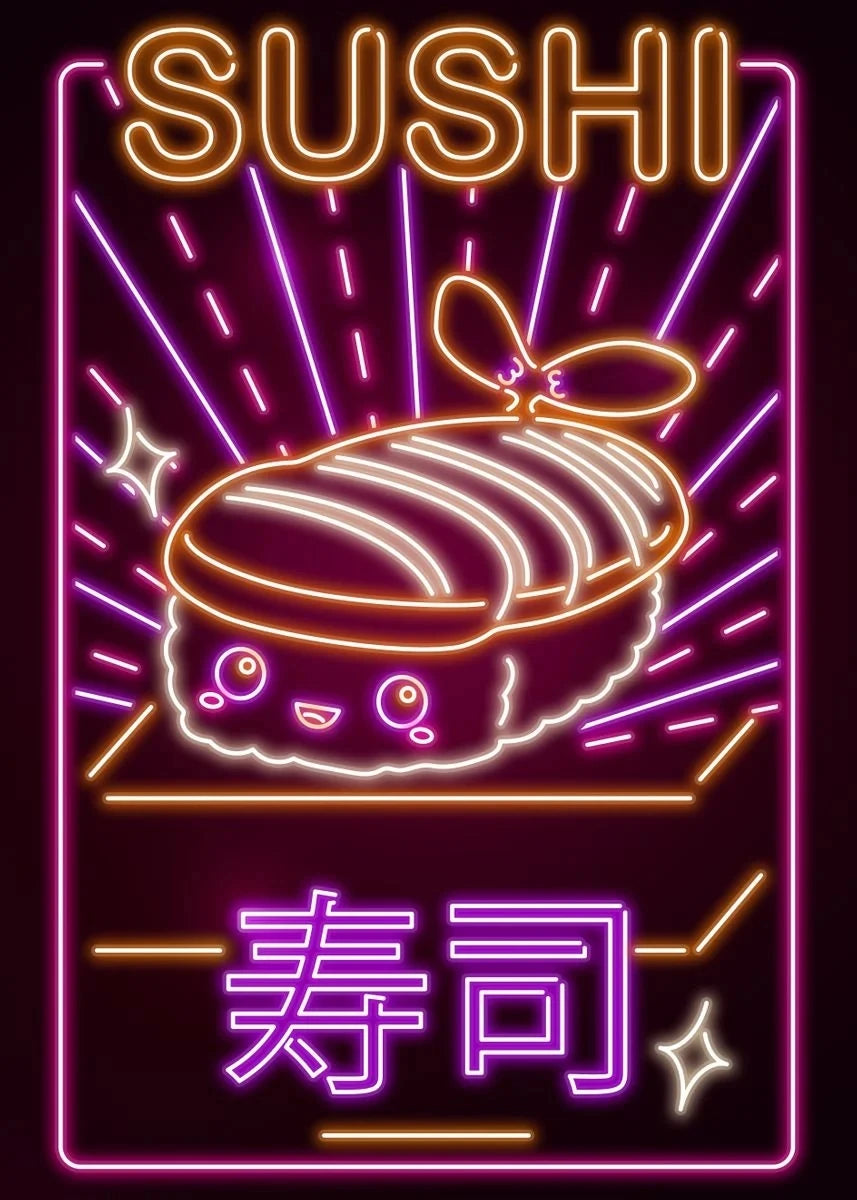 Affiche Japonaise Néon Kawaii - Ramen & Sushi