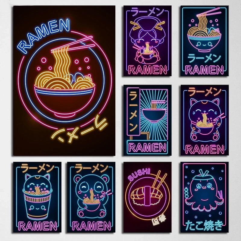 Affiche Japonaise Néon Kawaii - Ramen & Sushi