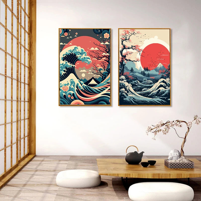 Triptyque Japonais – Ensemble de 3 Toiles Sans Cadre | Mont Fuji, Vague & Soleil Couchant