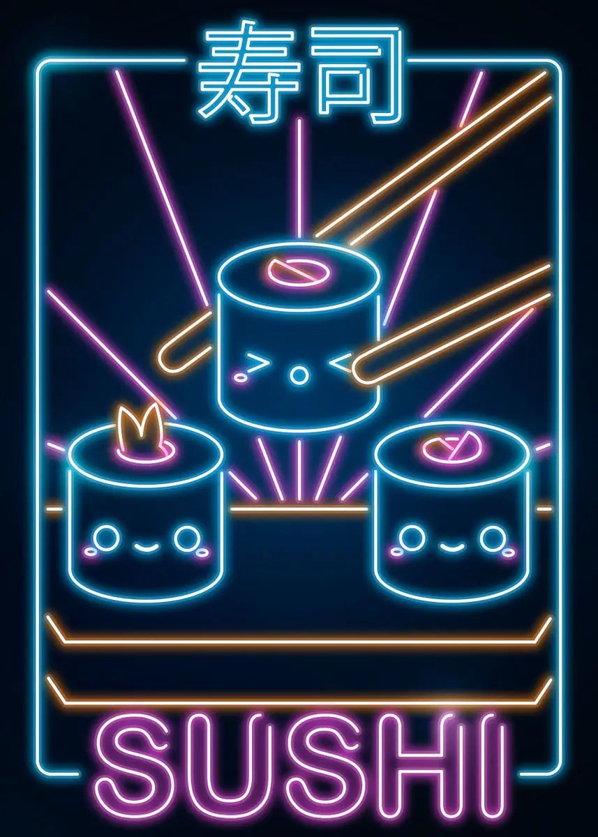 Affiche Japonaise Néon Kawaii - Ramen & Sushi