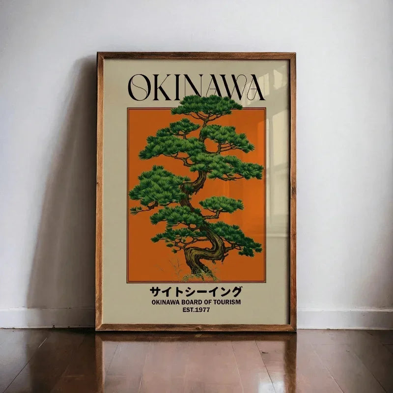 Affiche Japonaise Vintage – Okinawa & Pin Japonais (Style Rétro)