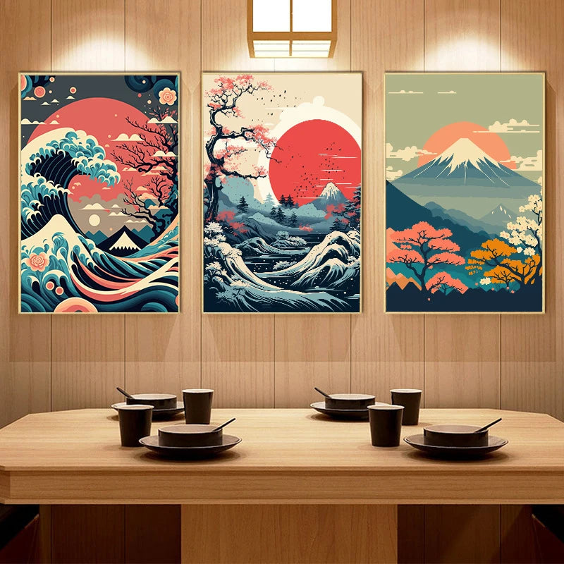 Triptyque Japonais – Ensemble de 3 Toiles Sans Cadre | Mont Fuji, Vague & Soleil Couchant