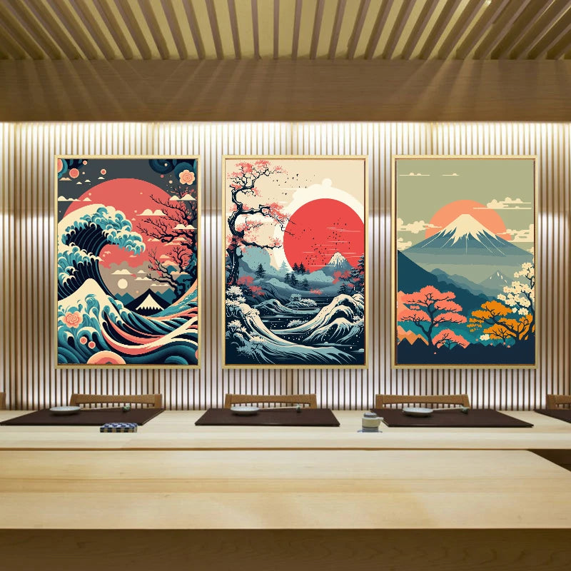 Triptyque Japonais – Ensemble de 3 Toiles Sans Cadre | Mont Fuji, Vague & Soleil Couchant