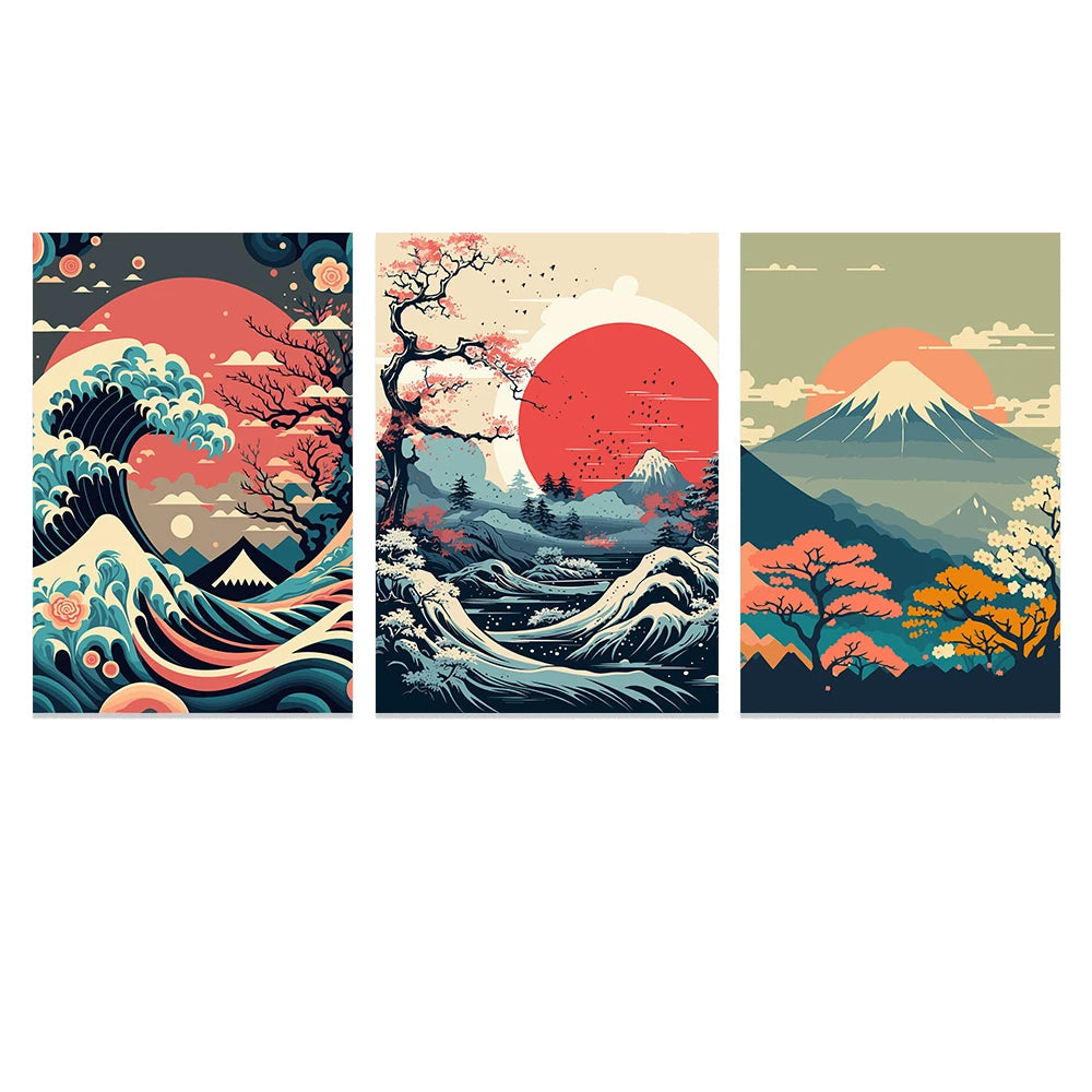 Triptyque Japonais – Ensemble de 3 Toiles Sans Cadre | Mont Fuji, Vague & Soleil Couchant