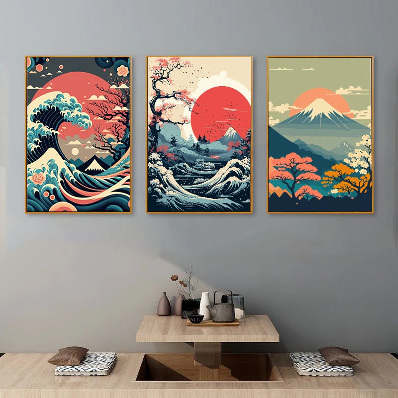 Triptyque Japonais – Ensemble de 3 Toiles Sans Cadre | Mont Fuji, Vague & Soleil Couchant