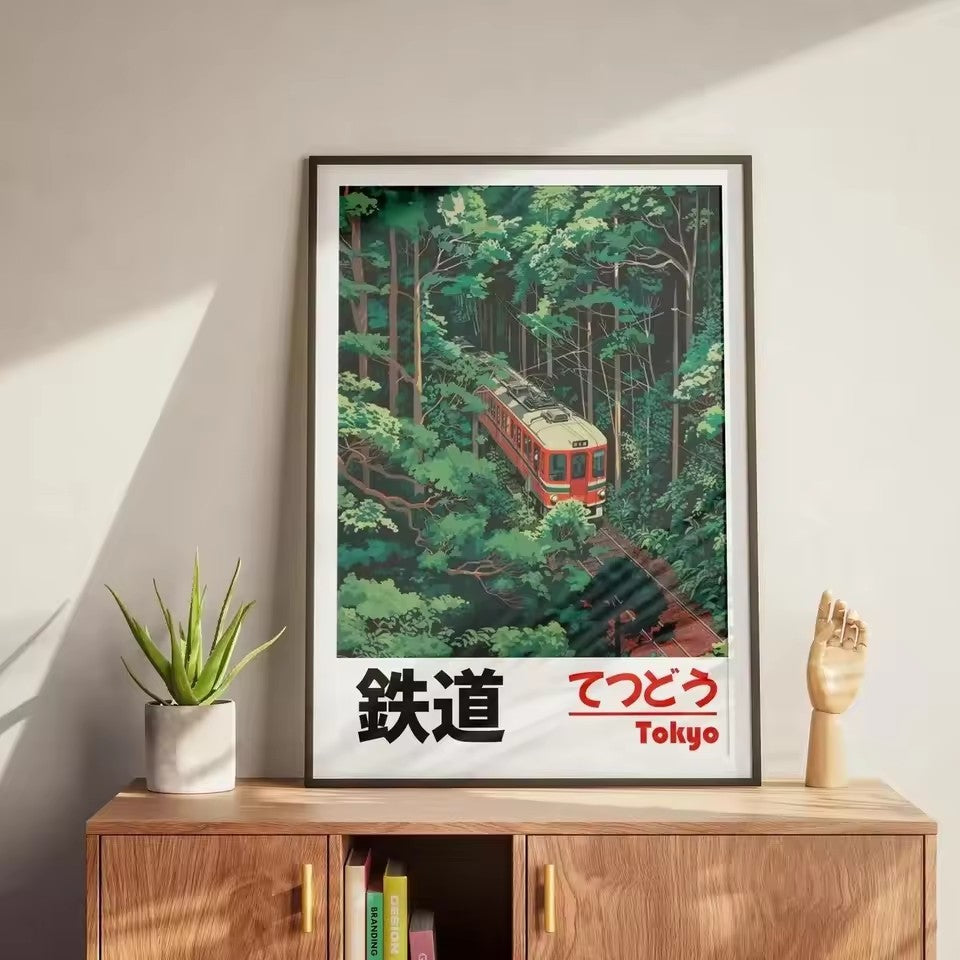Affiche Japonaise – Train de Tokyo à travers la Forêt (Style Vintage)