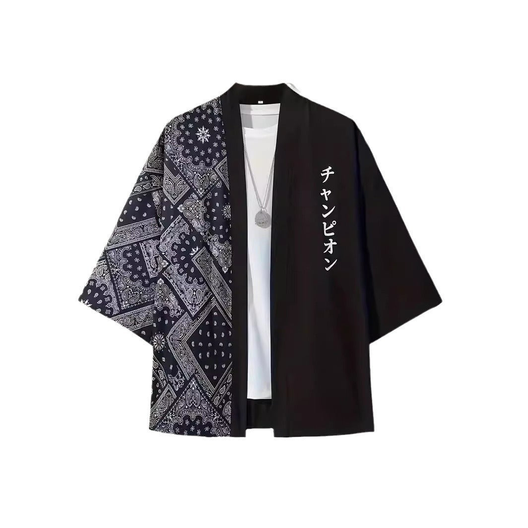 Kimono japonais « Bandana Street » – Style Harajuku noir à motifs traditionnels